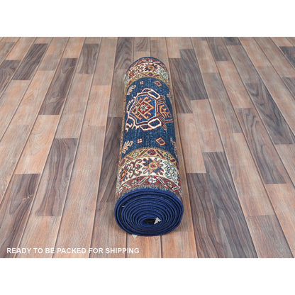 2'10"X13'2" Prussian Blue Afghan Super Kazak Wool Hand Knotted Rug