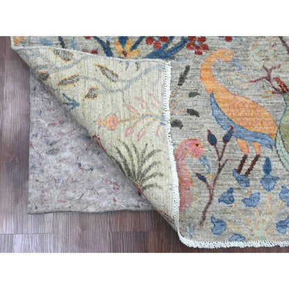 5'2"X7'4" Gray Afghan Peshawar Birds Design Soft Wool Hand Knotted Rug