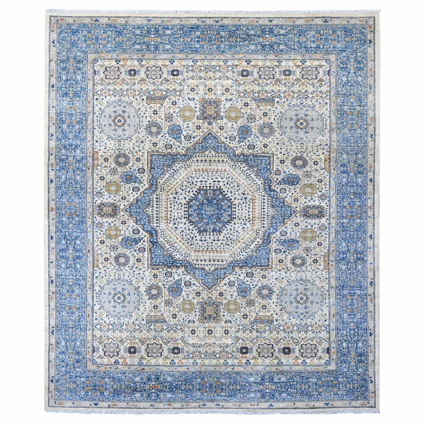 8'1"X9'8" White 14Th Century Mamluk Dynasty Pattern Wool Hand Knotted Rug