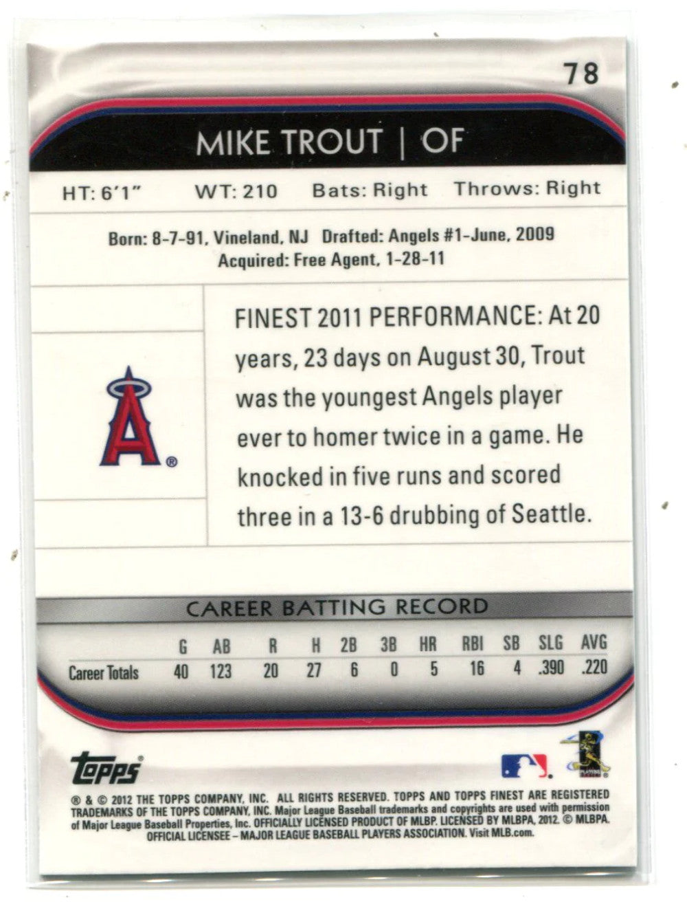 Mike Trout 2012 Topps Finest #78 Card