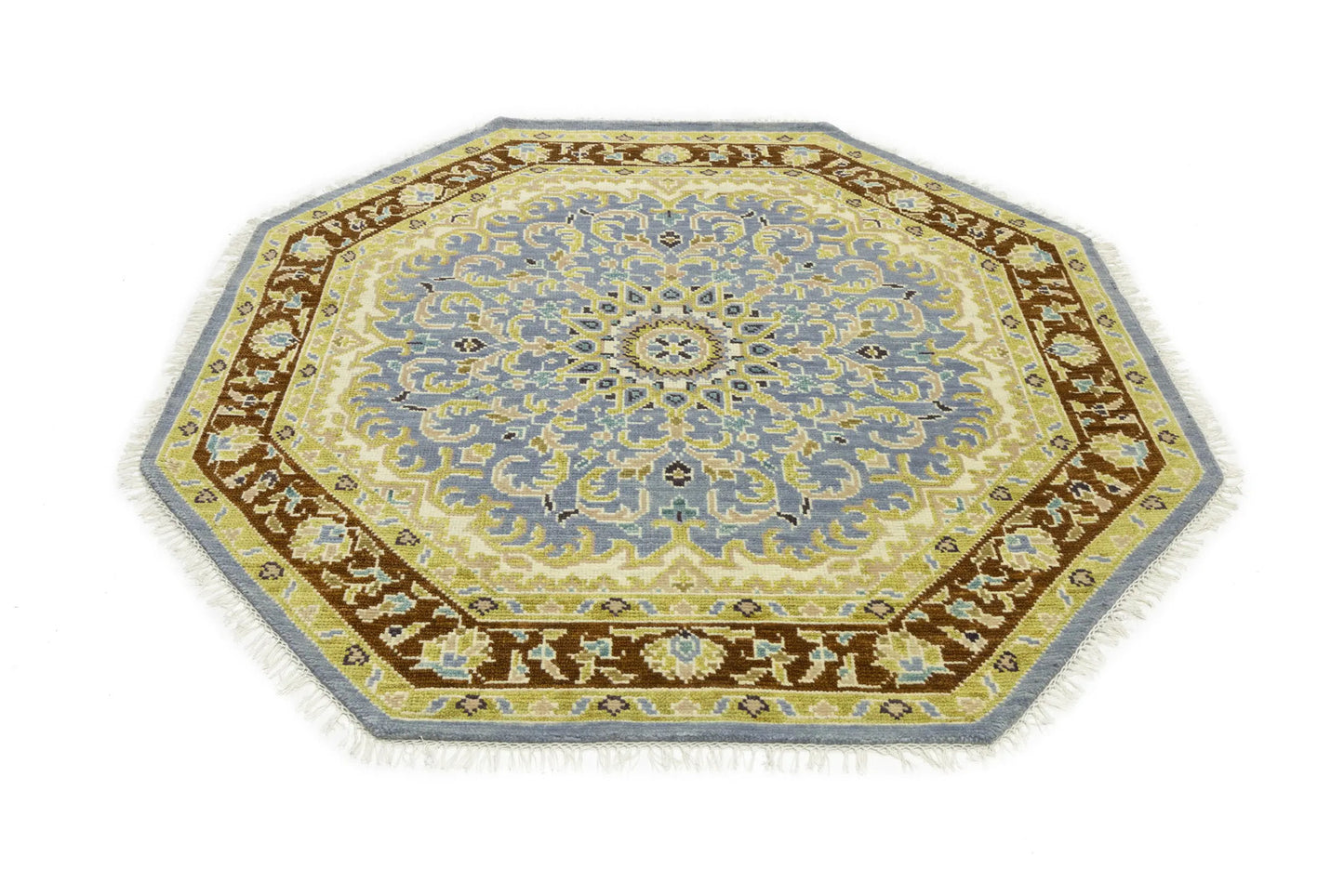 Handmade Oushak Blue Wool Octagon Floral Design 6X6 ft Oriental Home Carpet