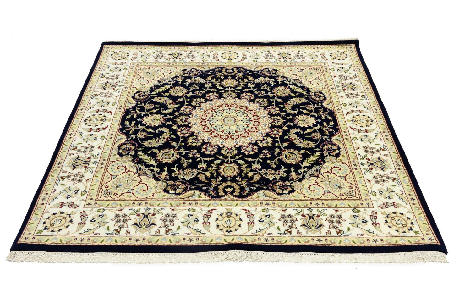 Handmade Navy Floral Classic Indo-Nain Square Rug Oriental Carpet 6x6ft