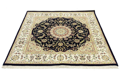 Handmade Navy Floral Classic Indo-Nain Square Rug Oriental Carpet 6x6ft