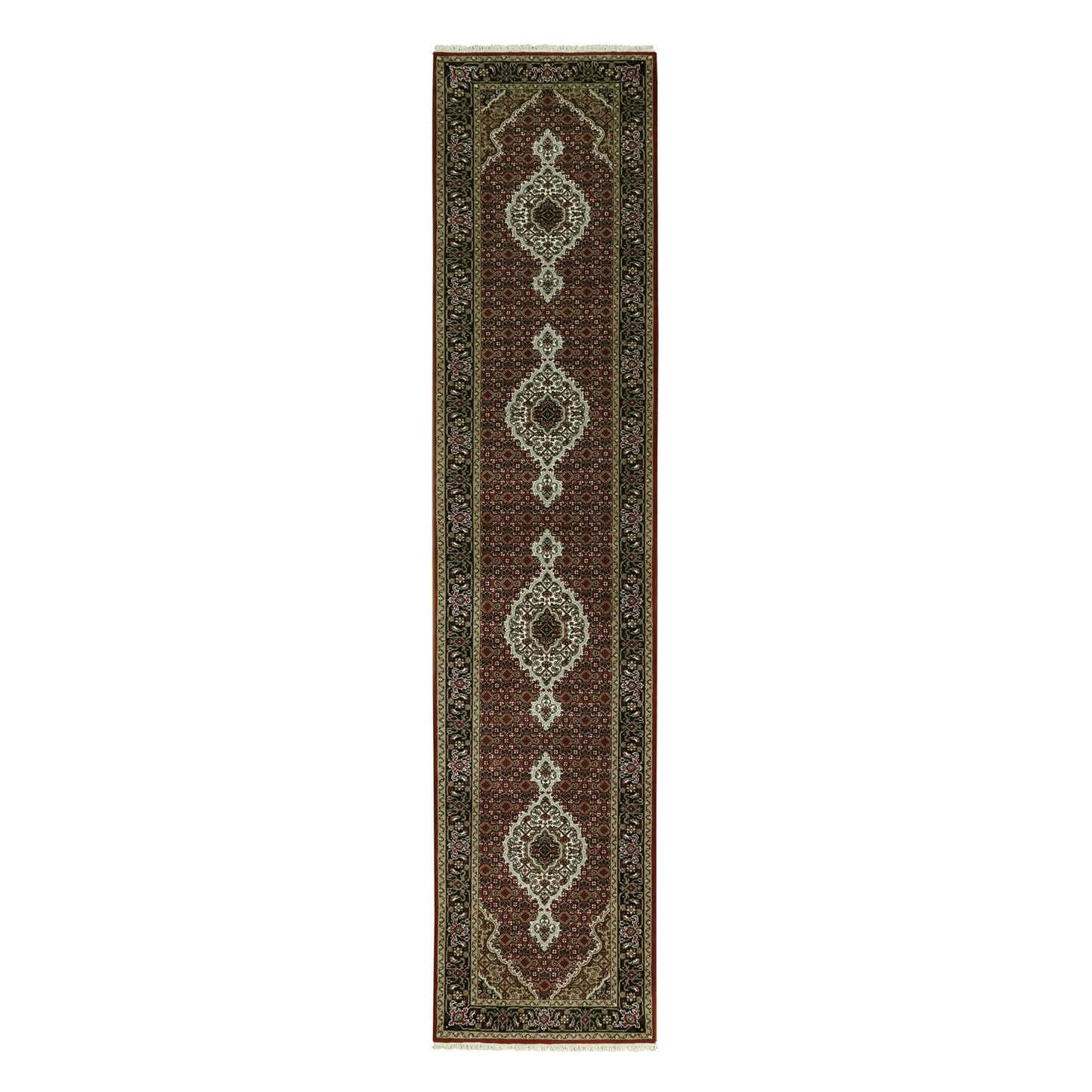 2'7"X12'1" Red Wool And Silk Tebraz Mahi Fish Design Oriental Runner Rug