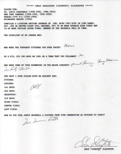 Enos Slaughter Autographed Hand Filled Out Survey