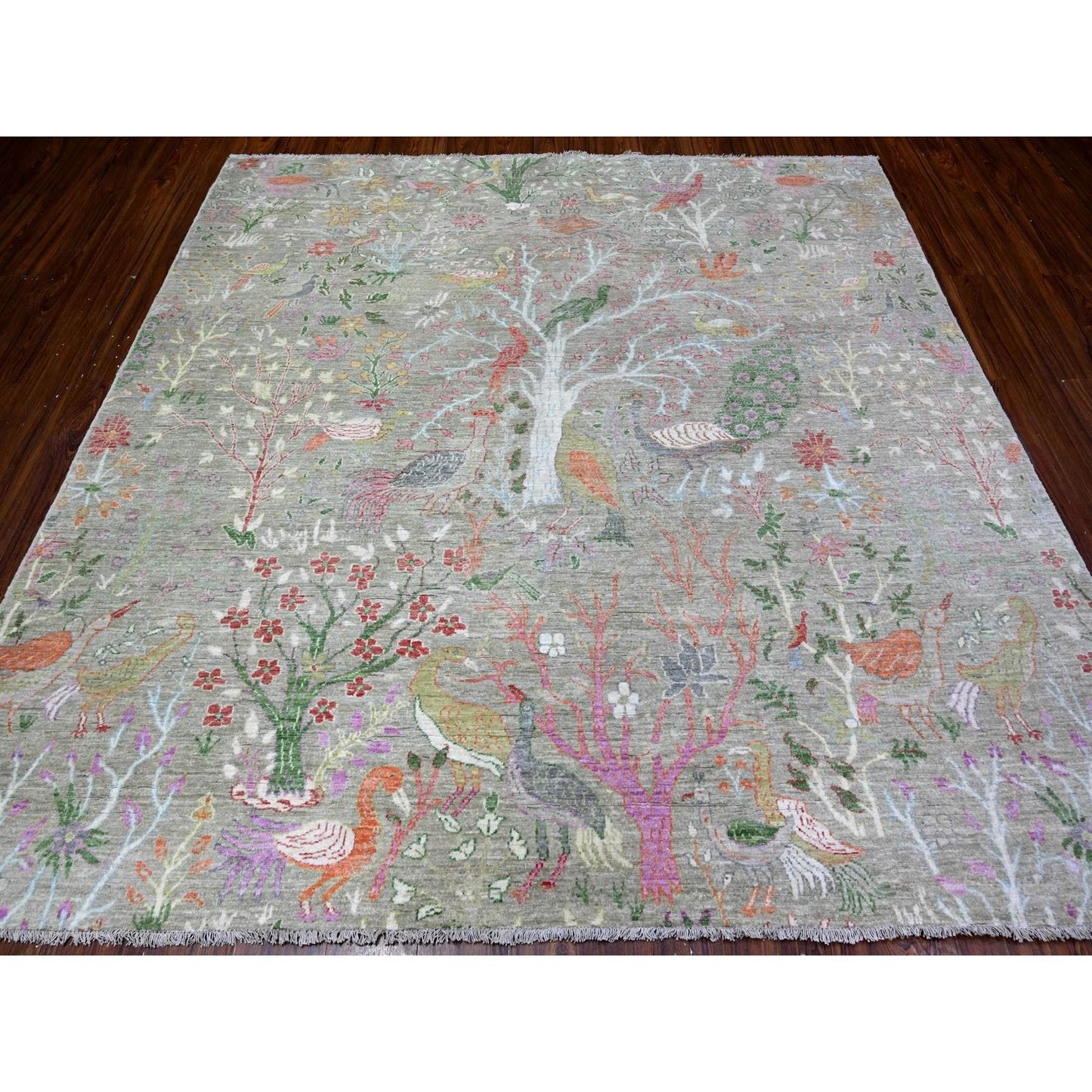 8'X8' Gin Green Soft Wool Afghan Peshawar Hand Knotted Square Rug