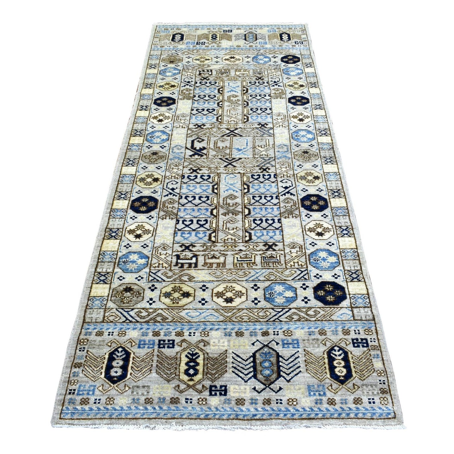 2'10"X8'4" Light Gray Hand Knotted Afghan Ersari Pure Wool Runner Rug