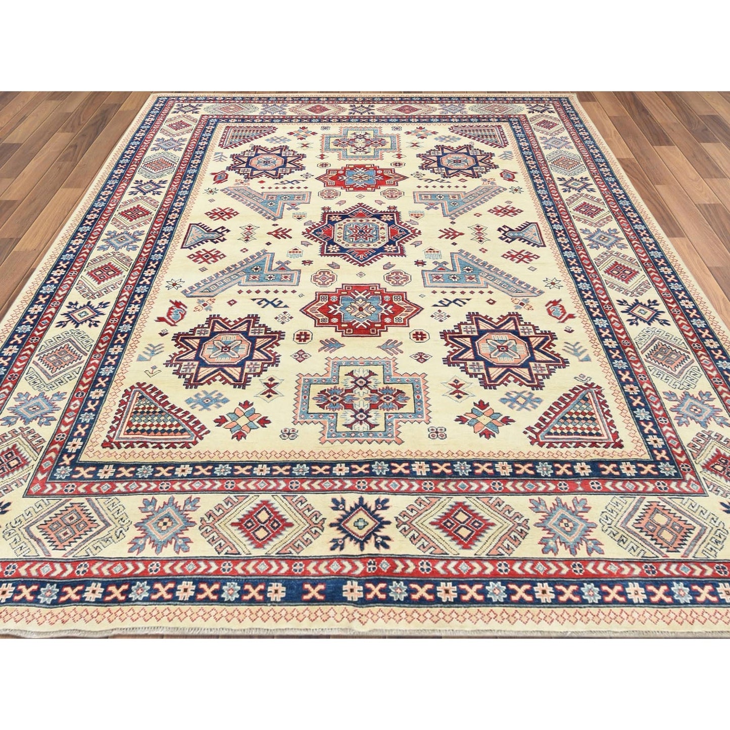 9'1"X11'7" Hand Knotted Ivory Afghan Special Kazak Natural Wool Rug