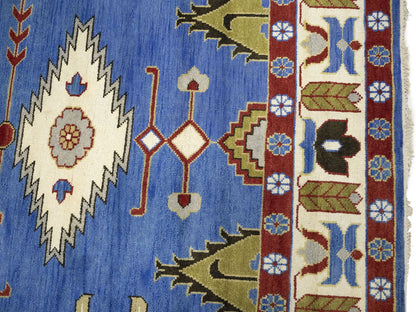 Farmho Boho Blue Geometric Kazak Oriental Rug