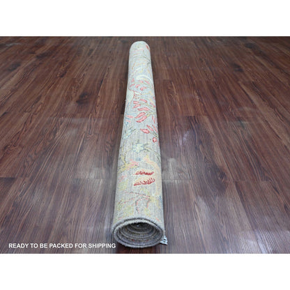 5'X6'9" Mink Gray Hand Knotted Afghan Peshawar Birds Design Soft Wool Rug