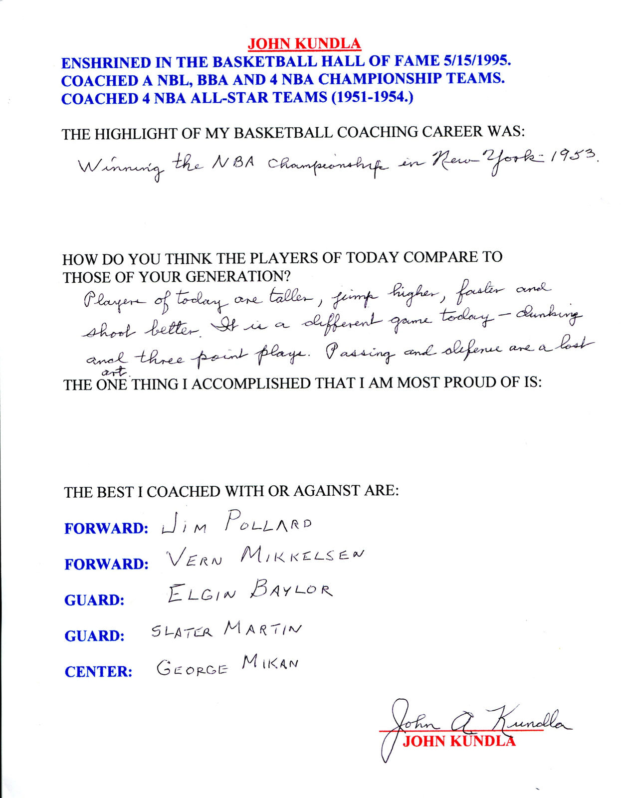 John Kundla Autographed Hand Filled Out Survey Page (Jsa)