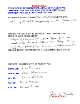 John Kundla Autographed Hand Filled Out Survey Page (Jsa)
