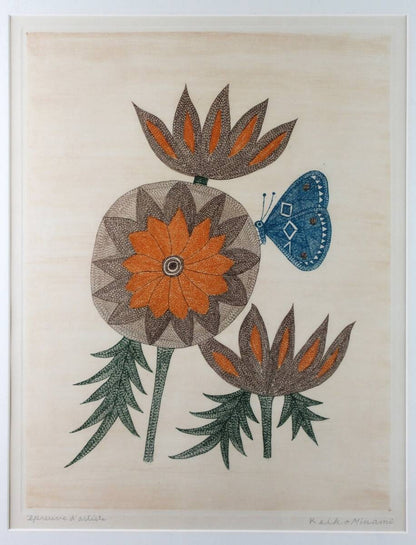 Flowers and Butterfly Etching Keiko Minami 50 EA Signed 1966 Work Limited Early