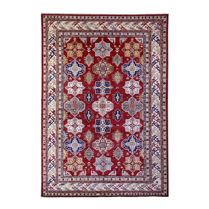 7'X10' Barn Red Hand Knotted Afghan Super Kazak Soft Shiny Wool Rug