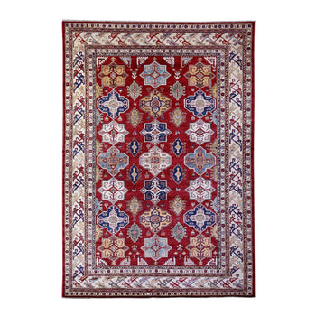 7'X10' Barn Red Hand Knotted Afghan Super Kazak Soft Shiny Wool Rug