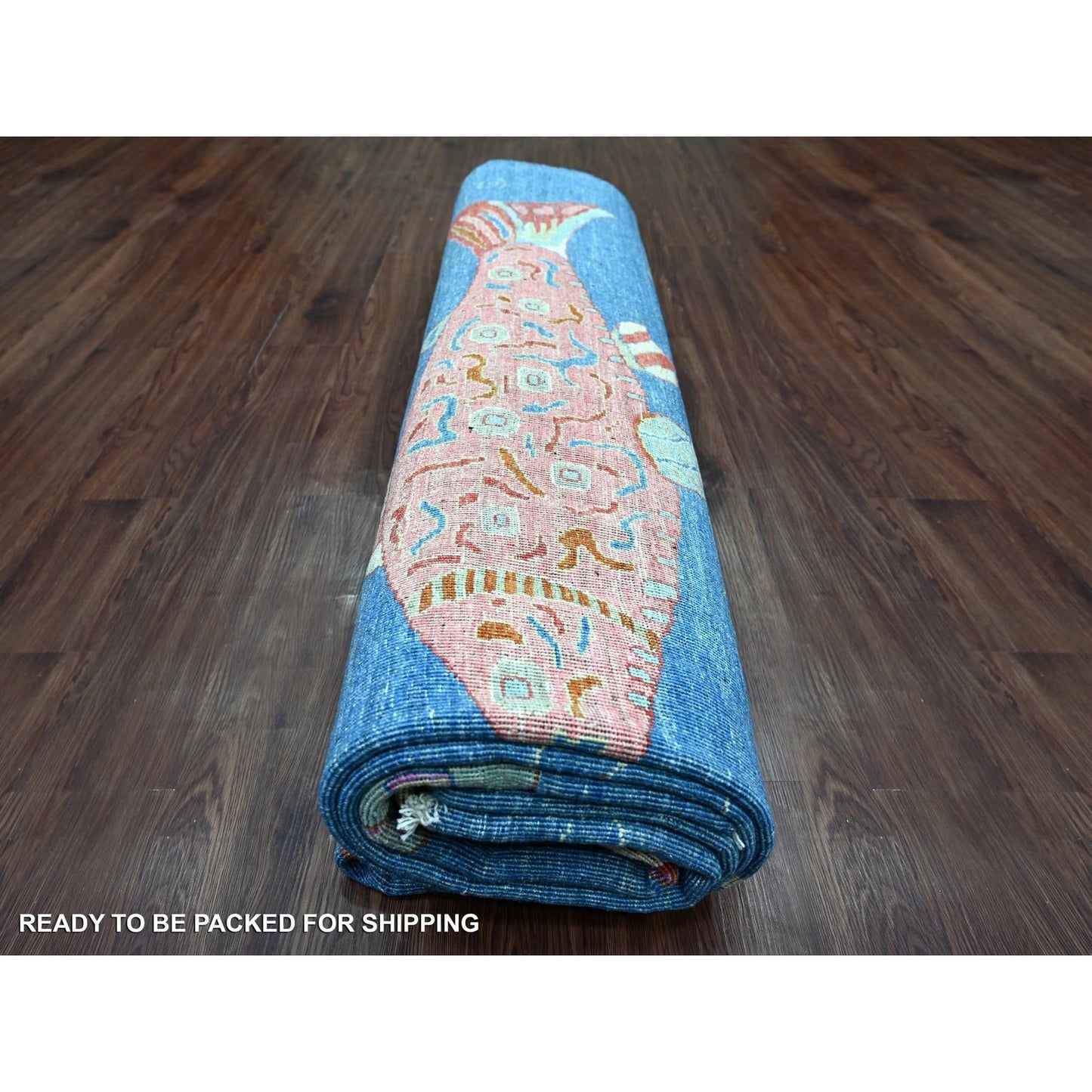 9'x11'9" Blue Afghan Peshawar with Fish Design Soft Wool Hand Knotted Rug
