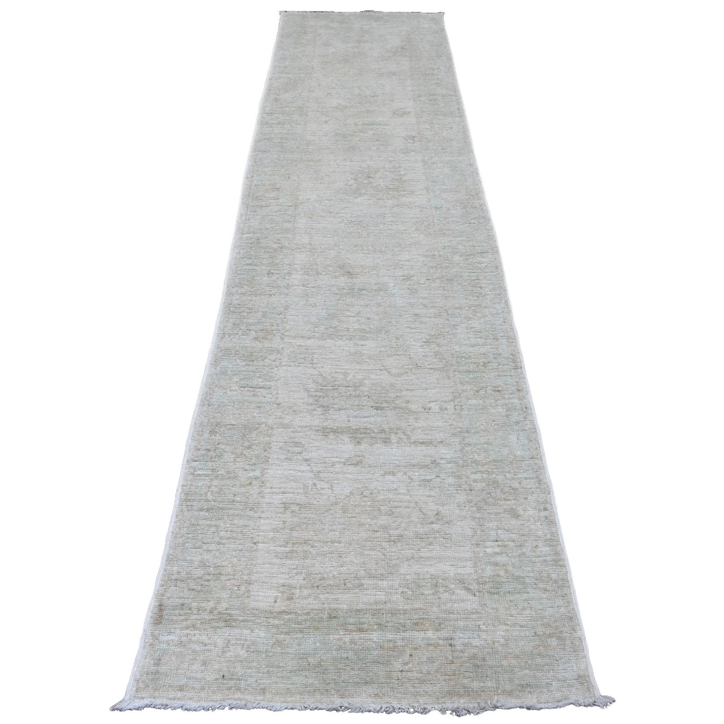 2'10"X11'5" White Angora Oushak Leaf Pattern Hand Knotted Wool Runner Rug