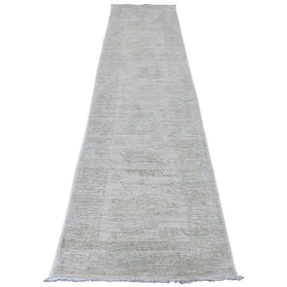 2'10"X11'5" White Angora Oushak Leaf Pattern Hand Knotted Wool Runner Rug