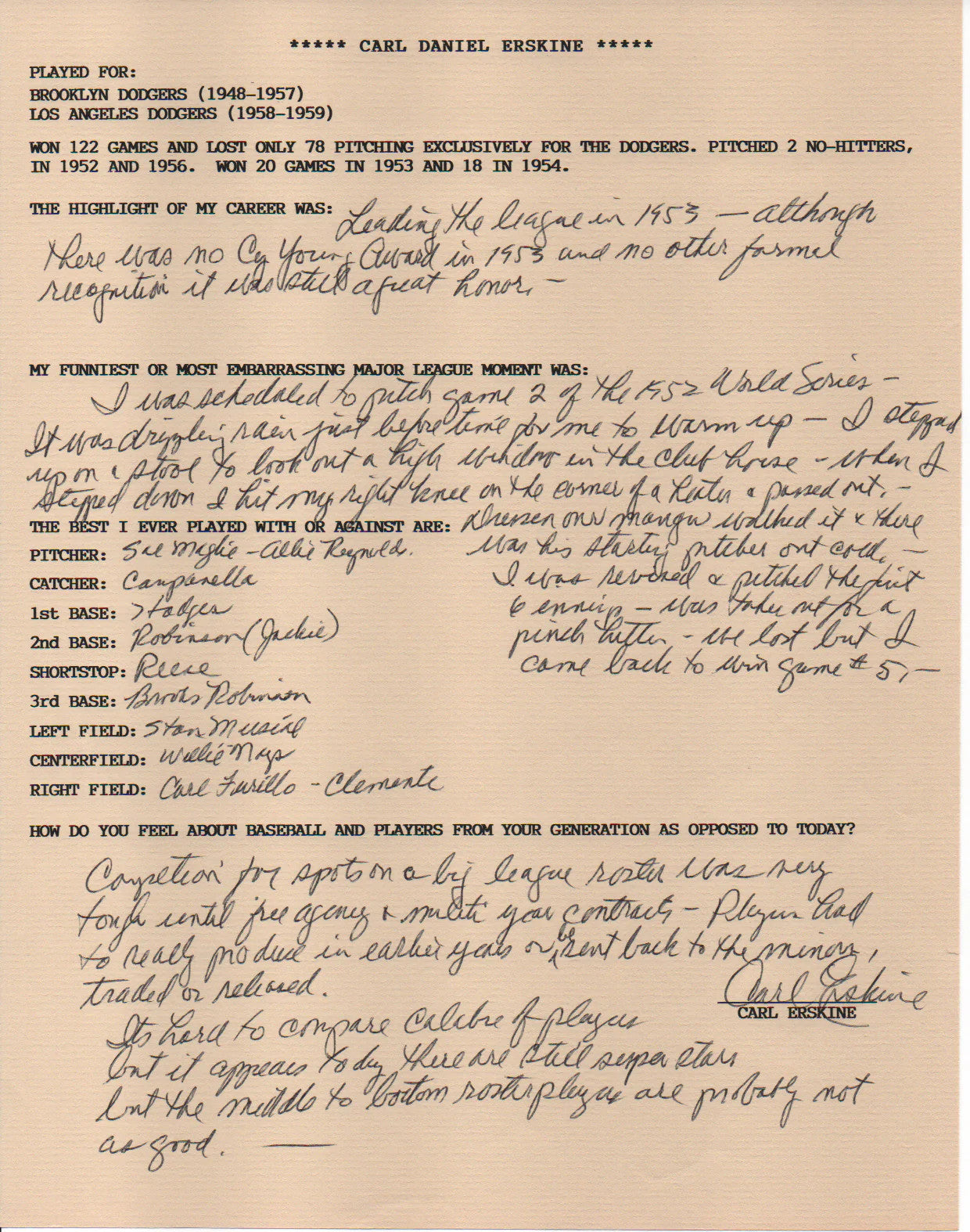 Carl Erskine Autographed Hand Filled Out Survey Page (Jsa)