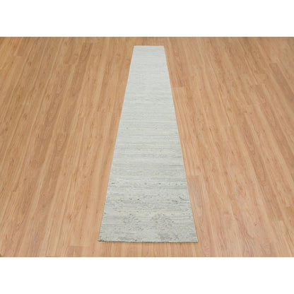 2'6"X16' Ivory And Light Grey Undyed Hand Knotted Xl Runner Oriental Rug