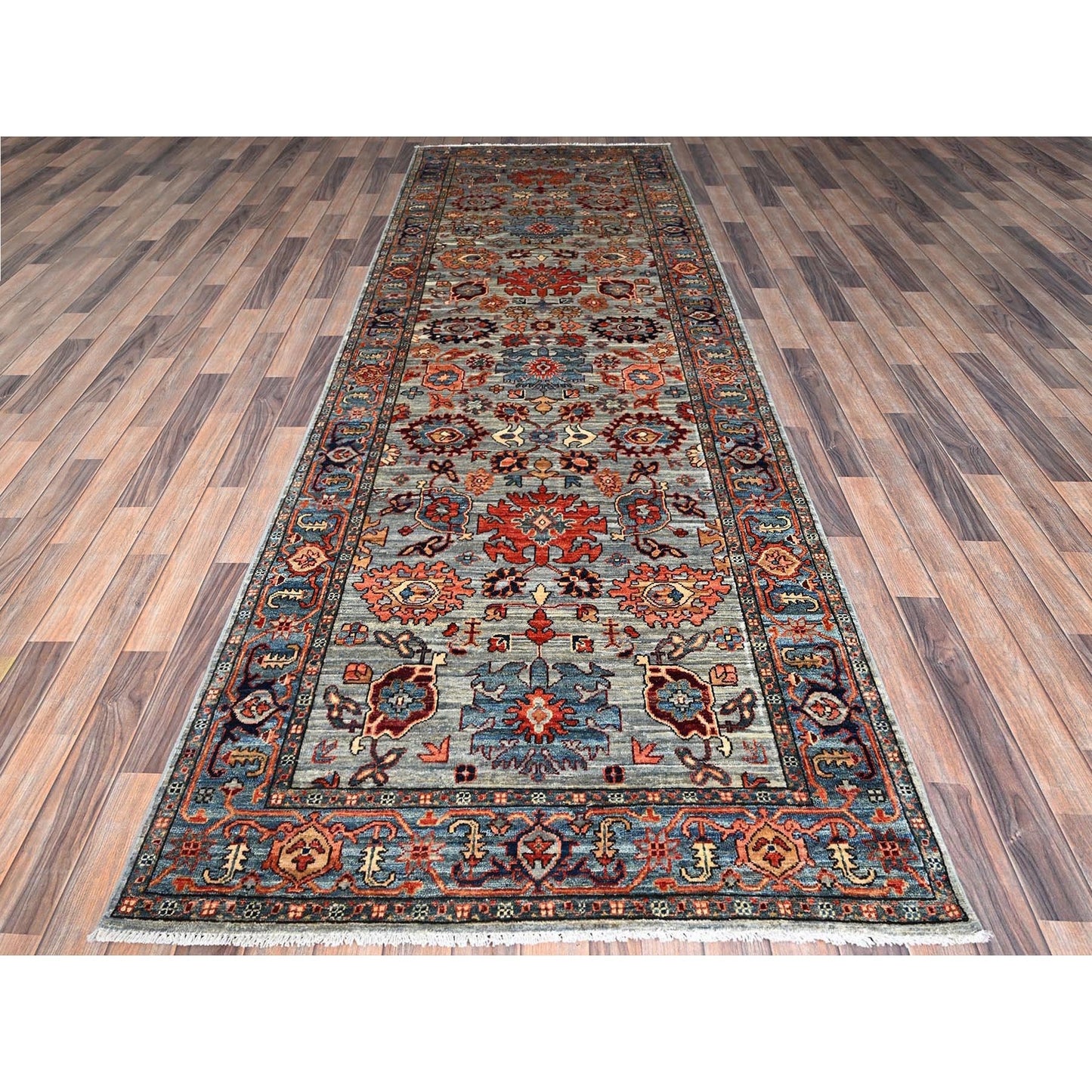 4'1"X11'9" Agate Gray Heris All Over Design Hand Knotted Wool Runner Rug