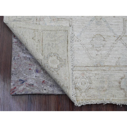 3'X9'5" White Hand Knotted Afghan Angora Oushak Vines Design All Wool Rug
