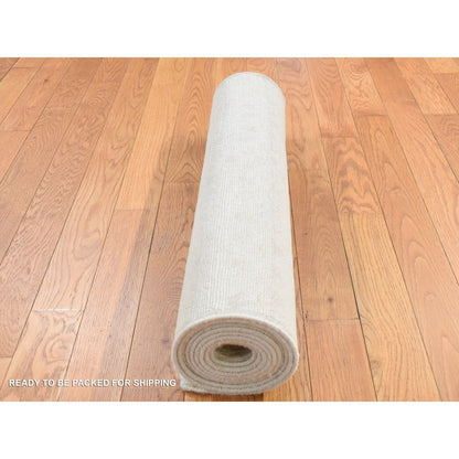 2'5"X6' Ivory Hand Knotted Tone On Tone Pure Silk With Wool Runner Rug