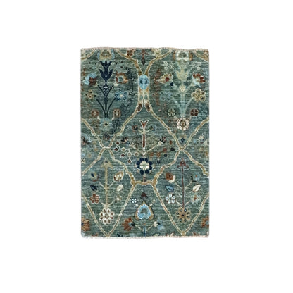 2'X3' Green Hand Knotted Wool Rug Trellis Borderless Garden Design Mat