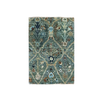 2'X3' Green Hand Knotted Wool Rug Trellis Borderless Garden Design Mat