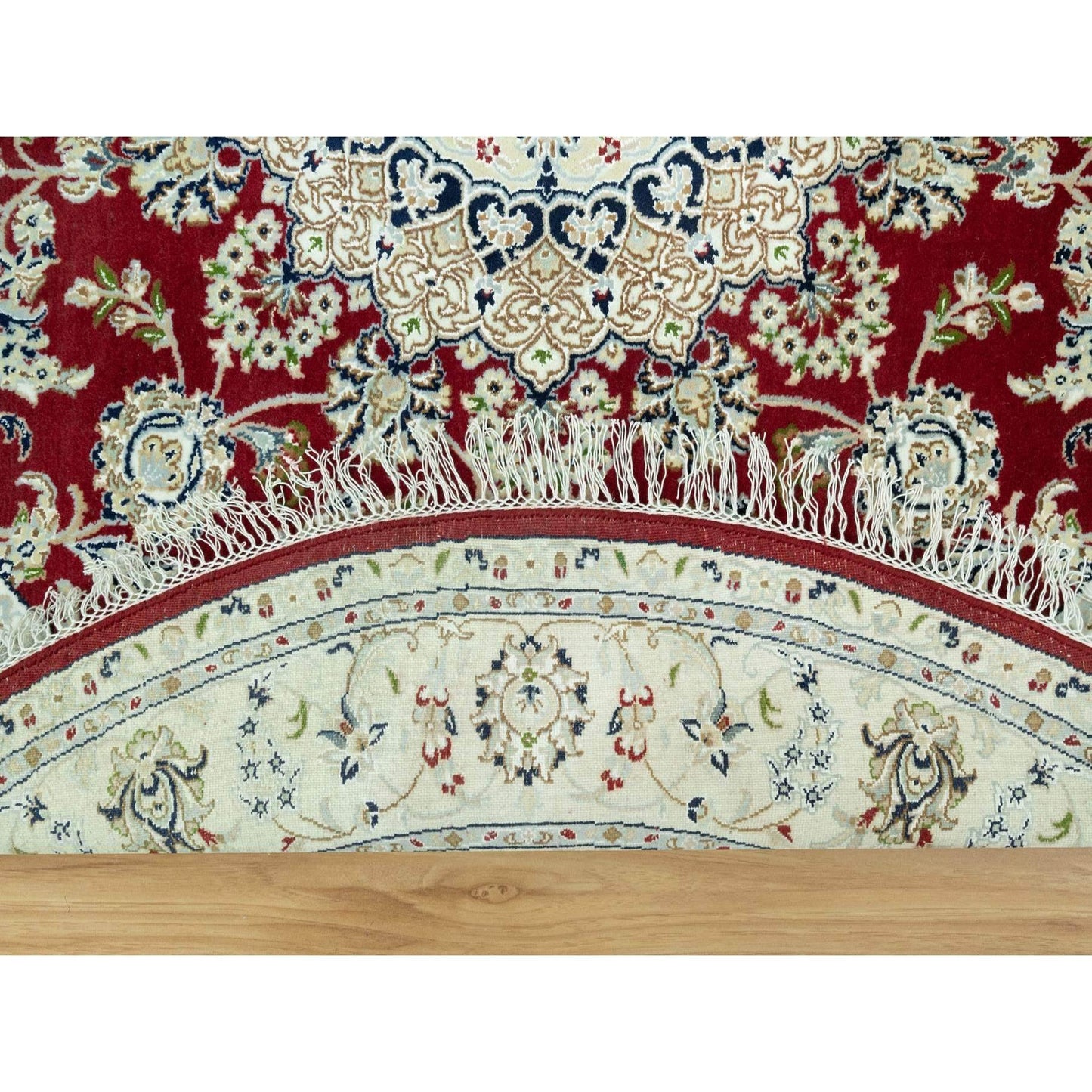 7'X7' Portia Red Hand Knotted Nain 250 Kpsi All Wool Oriental Round Rug