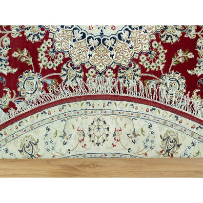 7'X7' Portia Red Hand Knotted Nain 250 Kpsi All Wool Oriental Round Rug