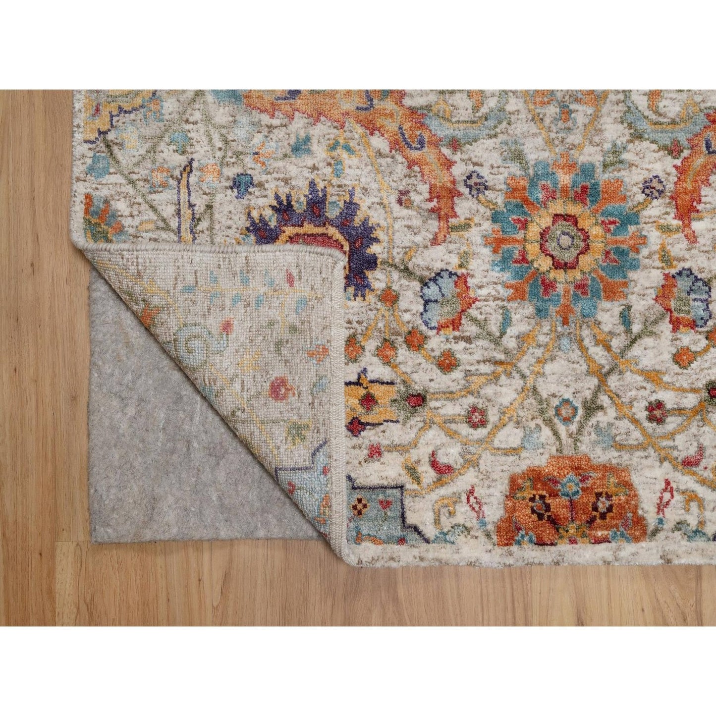 4'X6' Ivory Silk With Textured Wool Rug Sickle Leaf Design Hand Knotted