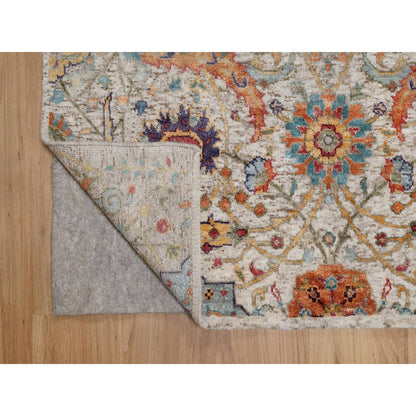 4'X6' Ivory Silk With Textured Wool Rug Sickle Leaf Design Hand Knotted