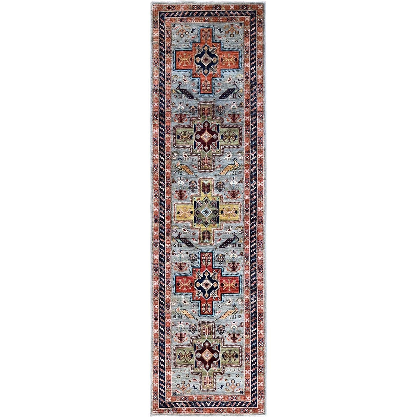 2'7"X9'9" Gray Caucasian Design Pure Wool Hand Knotted Runner Oriental Rug