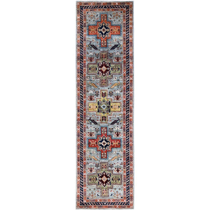 2'7"X9'9" Gray Caucasian Design Pure Wool Hand Knotted Runner Oriental Rug