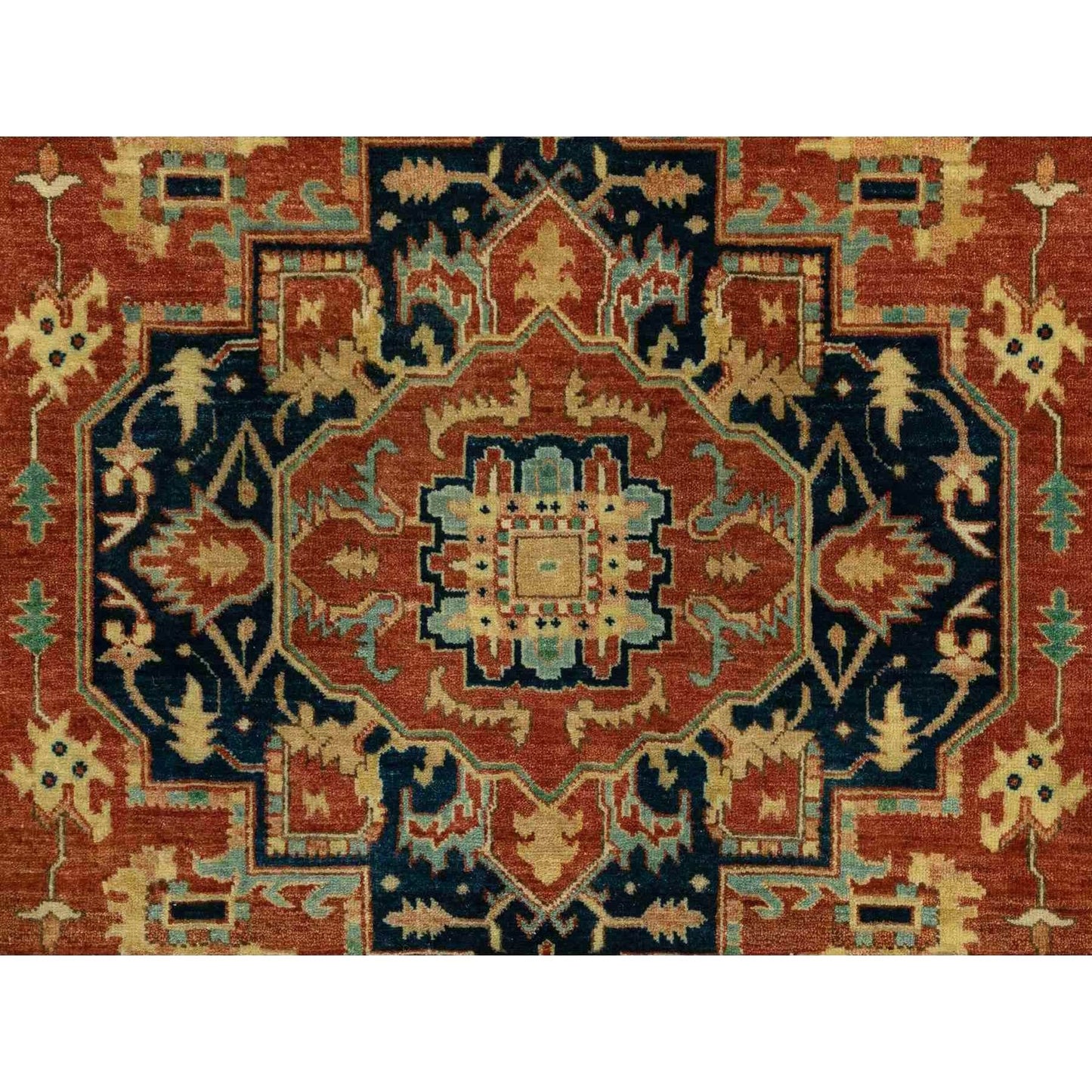 4'1"X6' Hand Knotted Red Antiqued Heris Re-Creation Geometric Design Rug