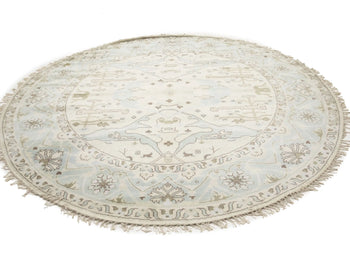 Hand-Knotted Cream Round Oushak Oriental Rug