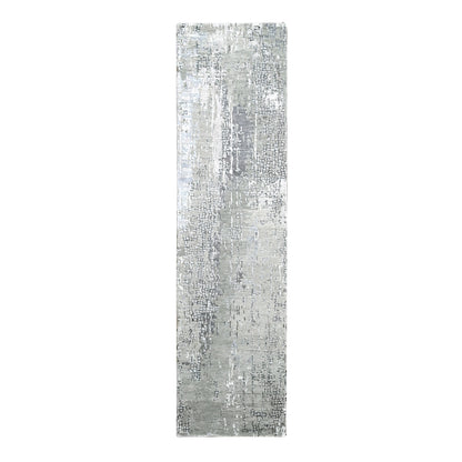 2'7"X9'10" Gray Abstract Design Wool And Silk Hand Knotted Runner Rug