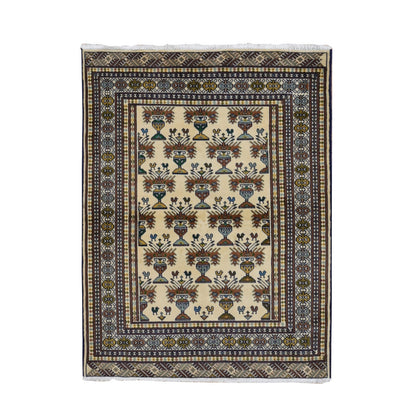 4'3"X5'7" Cream Color Hand Knotted Pure Wool Turkoman Bokara Design Rug