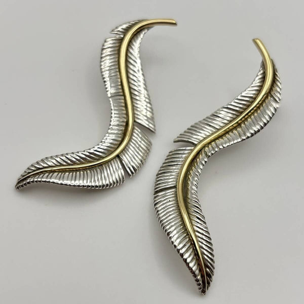 c1989 Vintage Tiffany & Co Large Feather Sterling Silver 18k 14k Gold Earrings