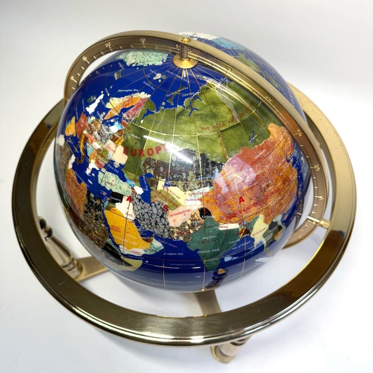 Gemstone Globe Lapis Lazuli Turquoise Inlay Compass Four Legs Power Stone 43Cm