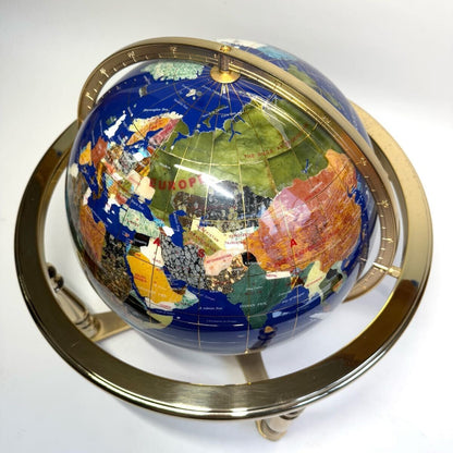 Gemstone Globe Lapis Lazuli Turquoise Inlay Compass Four Legs Power Stone 43Cm