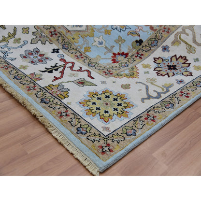 9'X12'5" Azure Sky Blue Hand Knotted Wool Agra Leaf Design Oriental Rug