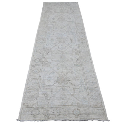 3'X9'5" White Hand Knotted Afghan Angora Oushak Vines Design All Wool Rug