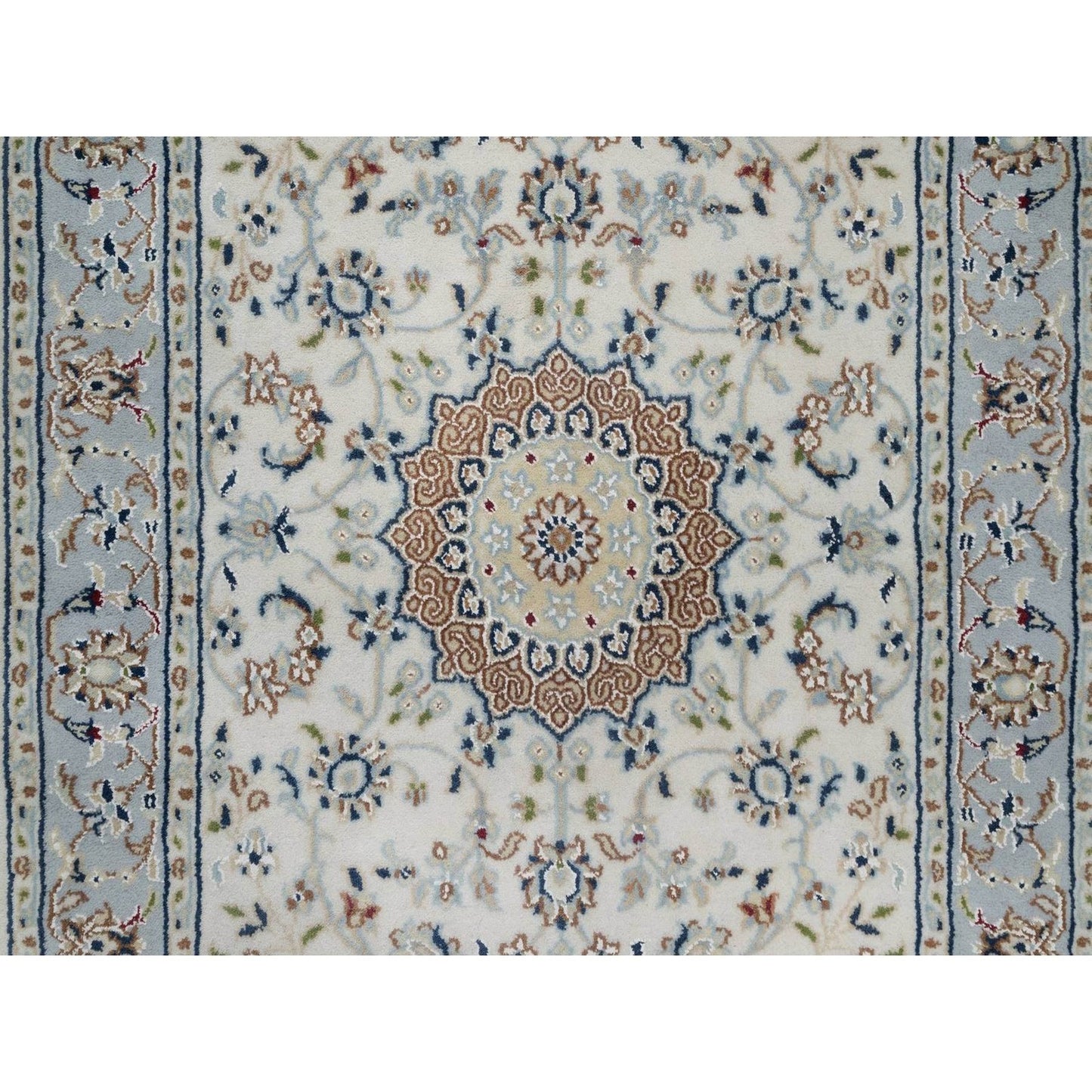 2'10"X14'6" Ivory Nain Flower Design Wool & Silk Hand Knotted Runner Rug