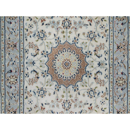 2'10"X14'6" Ivory Nain Flower Design Wool & Silk Hand Knotted Runner Rug
