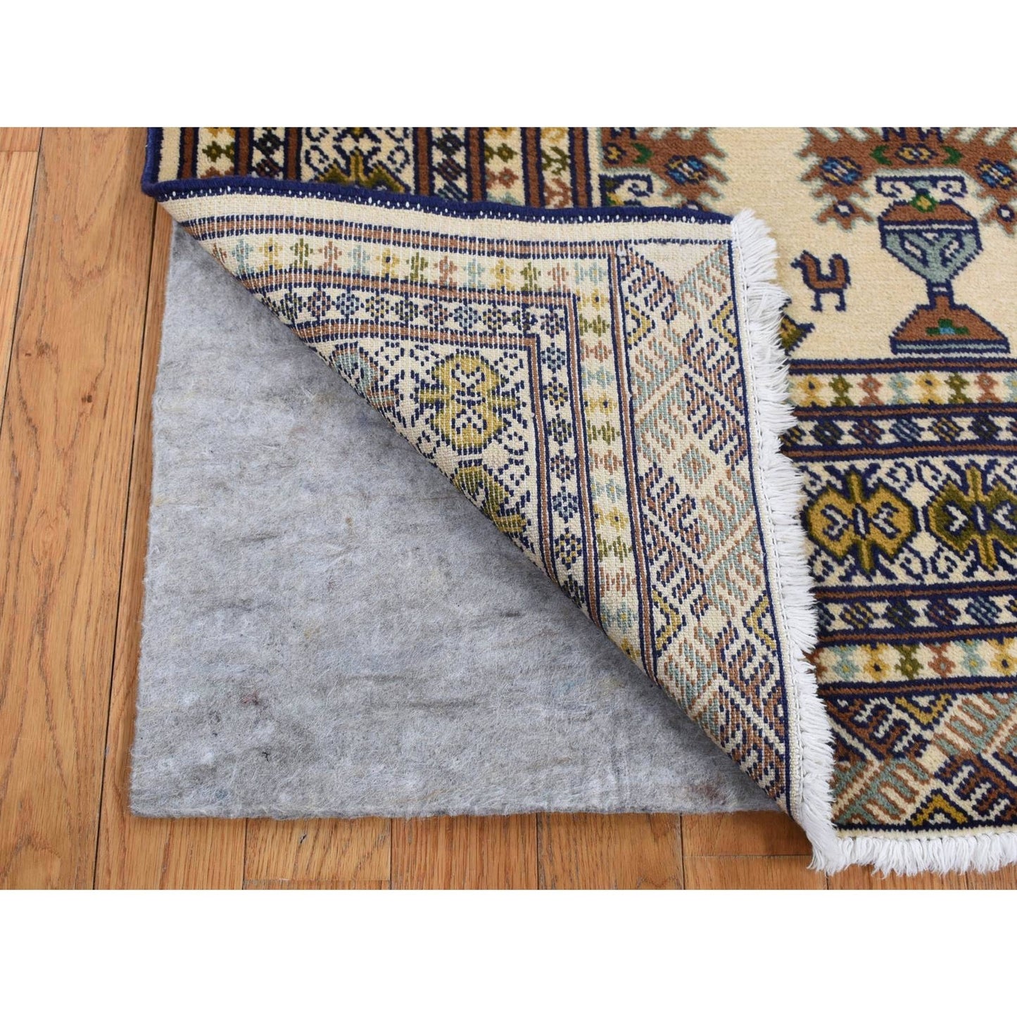 4'3"X5'7" Cream Color Hand Knotted Pure Wool Turkoman Bokara Design Rug
