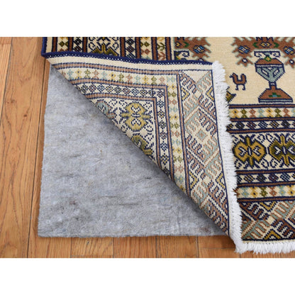 4'3"X5'7" Cream Color Hand Knotted Pure Wool Turkoman Bokara Design Rug