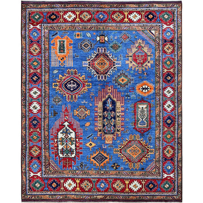 8'1"X9'10" Blue Afghan Caucasian Design Revival Hand Knotted Soft Wool Rug