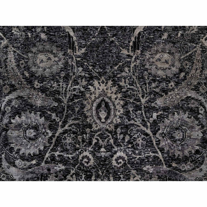 6'X8'10" Obsidian Black Wool And Silk Hand Knotted Sickle Leaf Design Rug